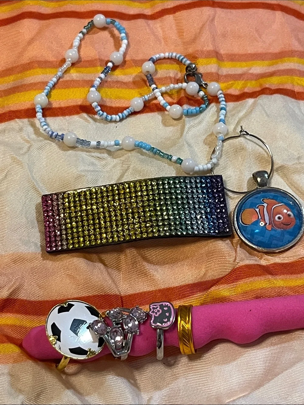 Sanrio Kids Rainbow Rhinestone Hair Clip and Pink Beaded Charm Necklace Set